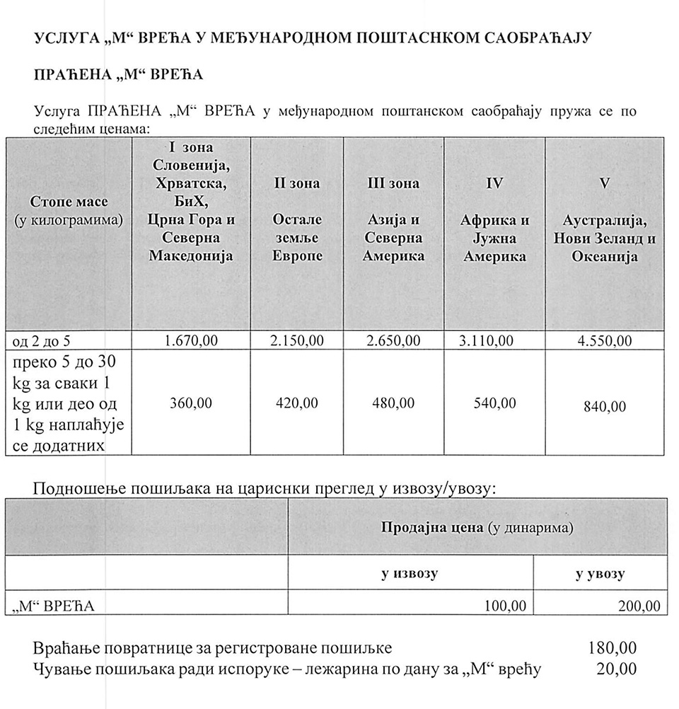 cenovnik pošta srbije
