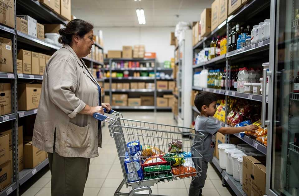 žena gura kolica dok dečak uzima grickalice sa police u prodavnici
