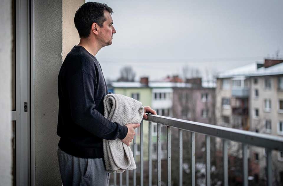 muškarac stoji na balkonu i drži sklopljeno ćebe dok gleda u daljinu