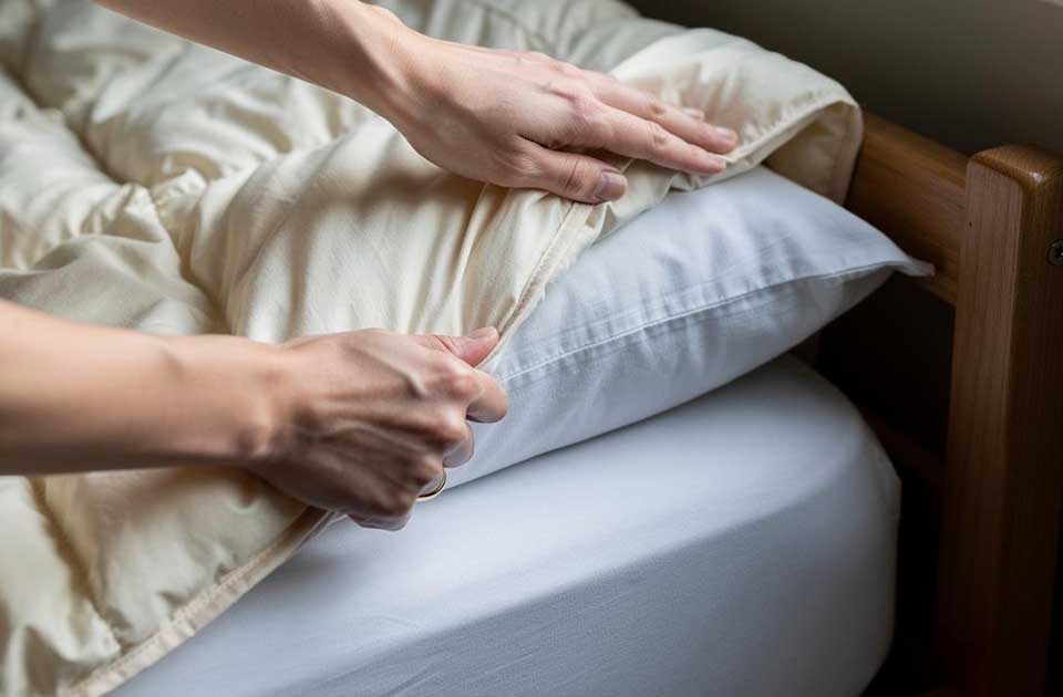 ruke nameštaju pokrivač preko jastuka na drvenom krevetu
