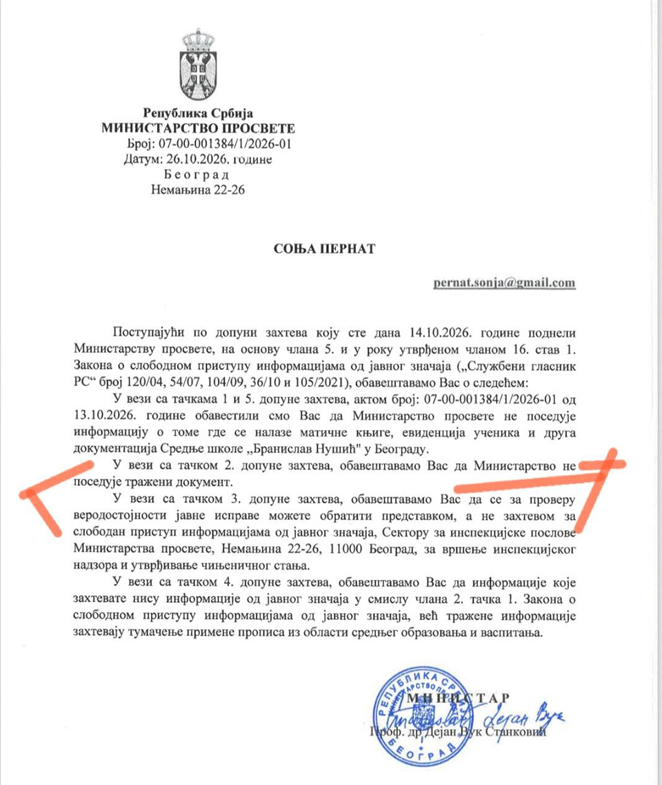 odgovor ministarstva prosvete
